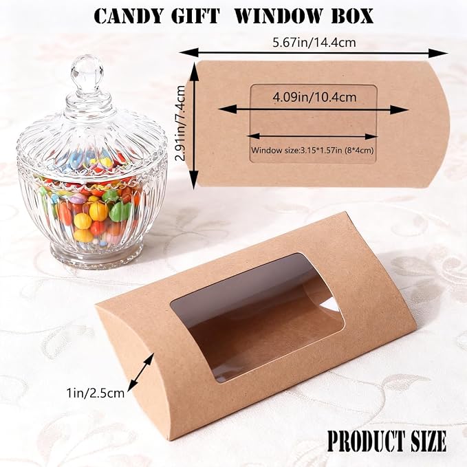 ZAJINJABD 50 Pcs Kraft Pillow Gift Boxes with Clear Windows, Sturdy Mini Folding Treat Boxes for Candy, Bakery, Chocolate, Jewelry, Wedding Party Favors