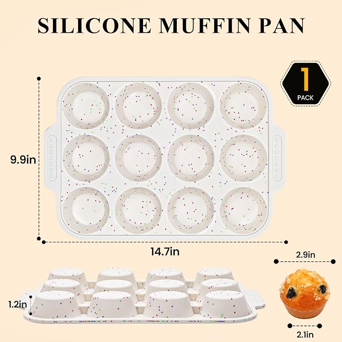 Vinino Silicone Muffin Pan for Baking with Metal Reinforced Frame, 12 Cups Regular Size Silicone Cupcake Pan with Non-Slip Handle, Nonstick Muffin Tray for Oven, BPA Free, Dishwasher Safe