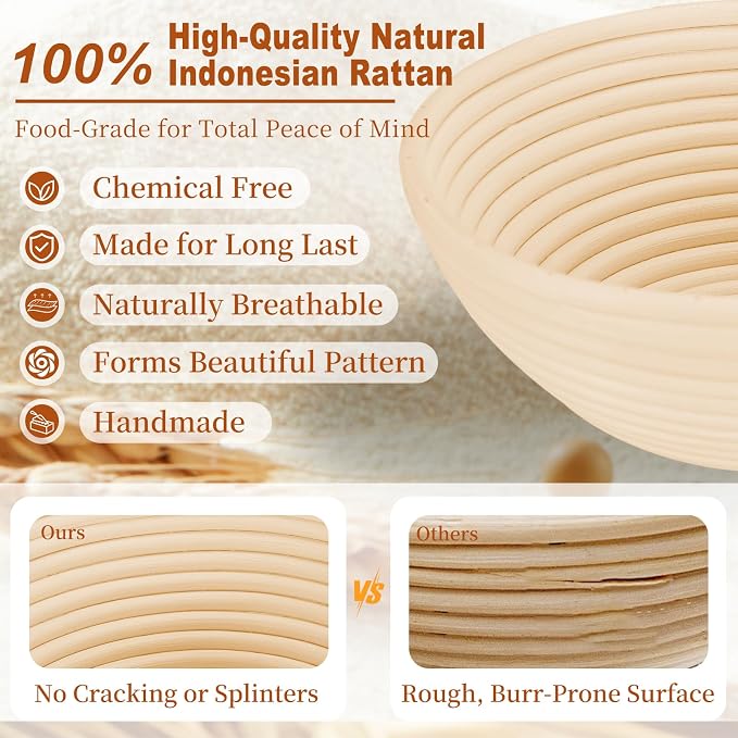 Sourdough Starter Kit with Banneton Bread Proofing Basket, 9” Round Banneton with Liner, 24 oz Starter Jar, Bread Lame, Dough Whisk & Sourdough Baking Supplies