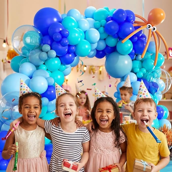 Under The Sea Balloon Arch Kit -156Pcs Blue Teal Dusty Blue Orange Long Balloon Garland Kit for Ocean Themed Under The Sea Baby Shower Ocean Animals Theme Birthday Party Decorations