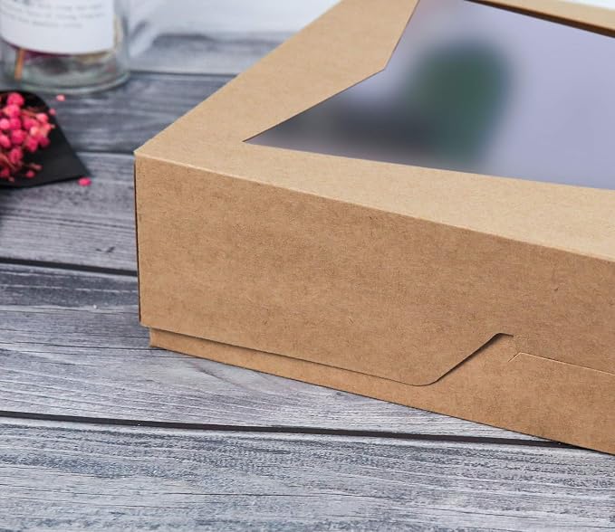 ONE MORE 14 x10 x 3inch Brown Paperboard Lock Corner Window Bakery Cookie Boxes, Large Container with PVC Windows for Pie and Cookie Box, Pack of 12