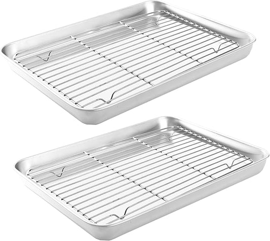 Small Deep Cookie Baking Sheet Pans with Cooling Wire Rest Racks Set 18/8 (304) Stainless Steel Tiny Serving Trays 10.4 x8.1 x1.1Inch Dishwasher Safe for 1~2 Person 2Pans & 2Racks