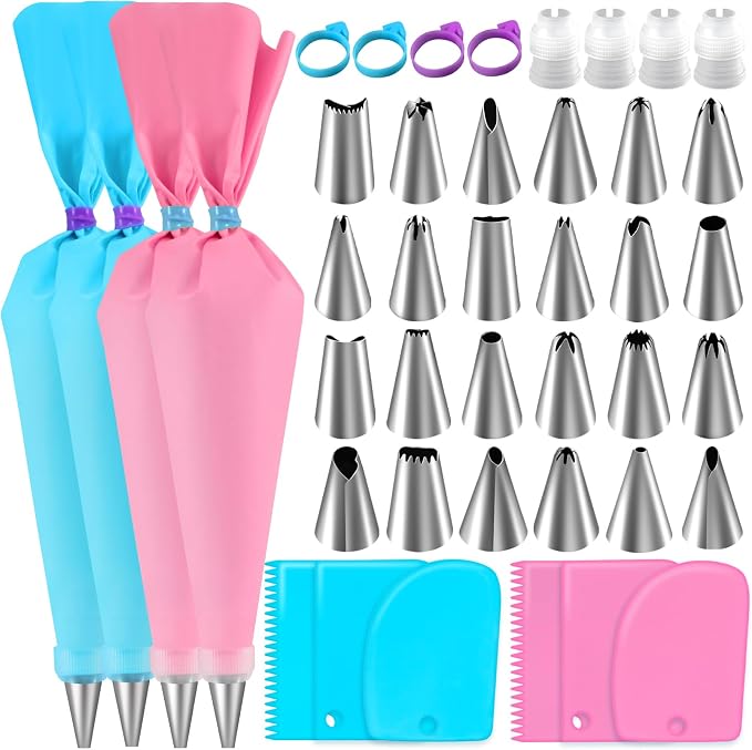Piping Bag and Tips Set,Reusable Pastry Bag,Baking Piping Set,Including 24 Piping Tips,4 Piping Bags,4 Couplers,4 Bag Ties and 6 Cake Scrapers for Baking Cake Decorating