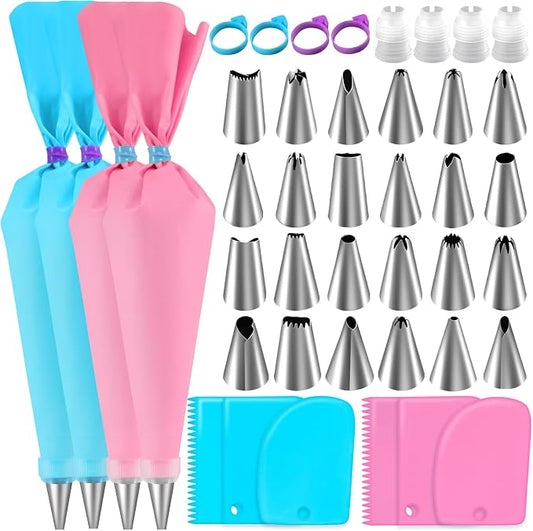 Piping Bag and Tips Set,Reusable Pastry Bag,Baking Piping Set,Including 24 Piping Tips,4 Piping Bags,4 Couplers,4 Bag Ties and 6 Cake Scrapers for Baking Cake Decorating