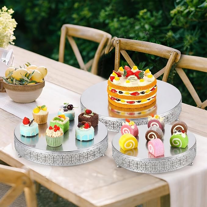 Wenqik 3 Pcs 16'' 14'' 12'' Metal Silver Cake Stand Round Cake Stands for Dessert Table Cookies Fruit Serving Tray Cupcake Dessert Pastry Riser for Wedding Birthday Party and Events (Retro Style)