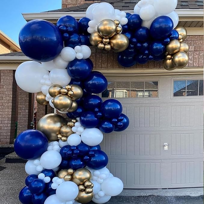 Blue and Gold Balloon Arch Kit, Explosion Star Royal Dark Blue and Metallic Gold White Balloons 22 18 12 10 5 Inch Different Size Balloons for Anniversary Wedding New Year Birthday Decorations