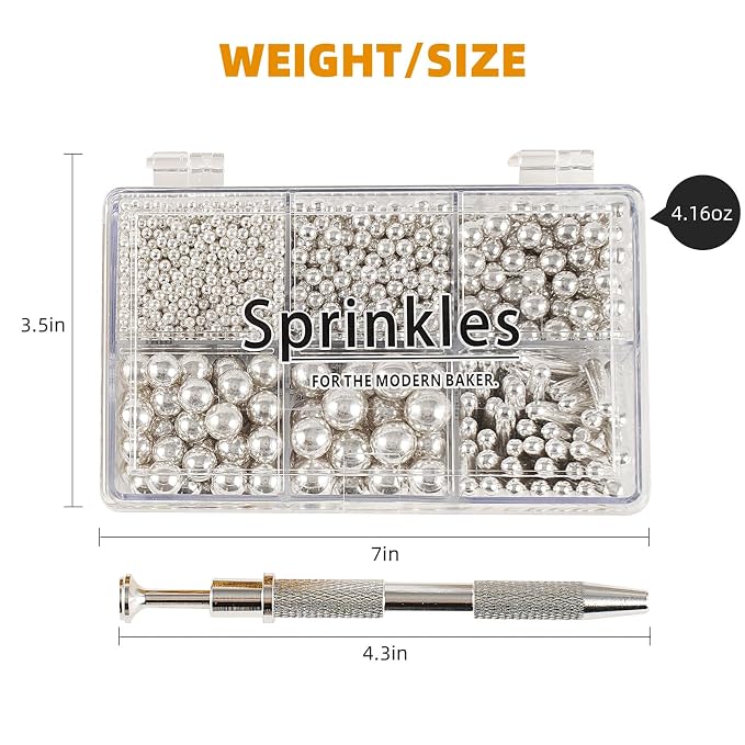 Kasvan silver Mix Sugar Sprinkles - Edible Candy Pearls with 4-Claw Sprinkle Pen,118g/4.16 Oz, Gift Box Pack, Baking Cake Decorations, Ice Cream Toppings and Cookie Decorating, Wedding Party Chirstmas Supplies