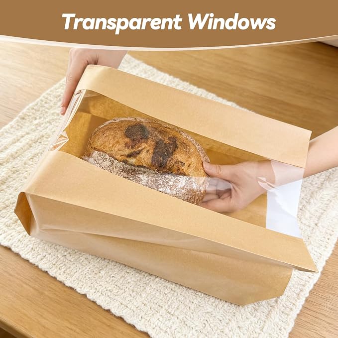 Tripho 50 Pcs Bread Bags for Homemade Bread with Clear Window & 60 Stickers, Sourdough Bread Bags for Storage of Bread,Cookies & Snacks, Large Bakery Paper Bags