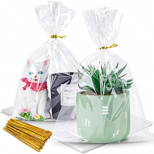 LOKQING Cellophane Bags Plastic Mothers Day Gift Bags Clear Cookie Treat Bags with Twist Ties for Party Favor, Graduation Gift Bags(100PACK, 8x11inch)