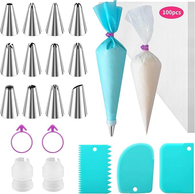 ALLTOP Piping Bags and Tips Set -Ultimate Cake Decorating Supplies Kit - Included 100 Disposable Pastry Bags, 1 Reusable Silicone Bag, 2 Couplers, 12 Frosting Tips, 2 Ties, 3 Icing Scrapers for Baking
