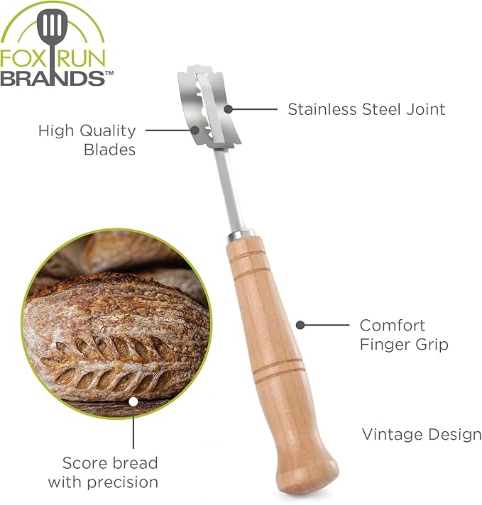 Fox Run Bread Lame Stainless Steel Scoring Knife With 15 Blades and Wood Handle, 7.25"