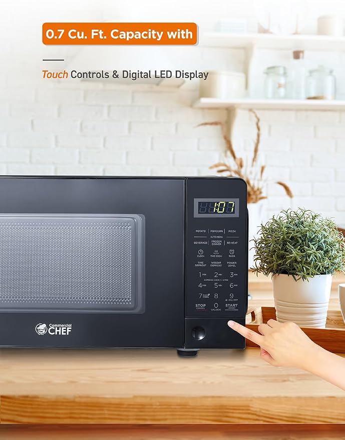 COMMERCIAL CHEF 0.7 Cubic Foot Microwave with 10 Power Levels, Small Microwave with Pull Handle, 700W Countertop Microwave up to 99 Minute Timer and Digital Display, Black