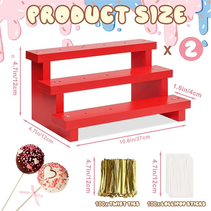Wood Cake Pop Stands, 3 Tier Lollipop Holders with Twist Ties Lollipop Sticks, Sucker Display Riser for Dessert Table of Wedding Birthday Party (Red-2P-17 Hole)