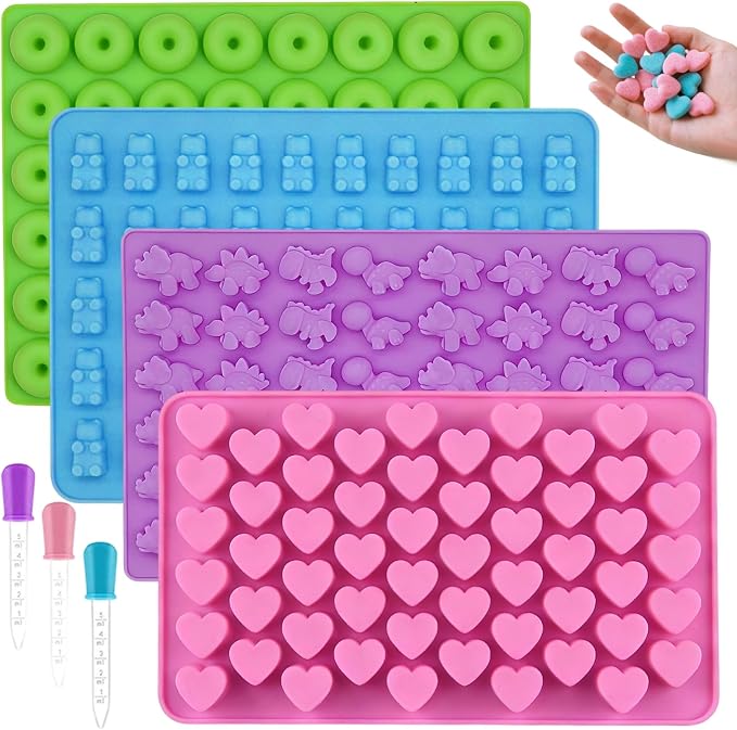 Mini Silicone Molds for Gummies & Chocolate, 4-Pack with 2 Droppers - Dinosaur, Bear, Heart, Donut Shapes - Fun Gummy Bear Molds for Kids, Fruit Snack Molds