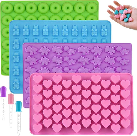 Mini Silicone Molds for Gummies & Chocolate, 4-Pack with 2 Droppers - Dinosaur, Bear, Heart, Donut Shapes - Fun Gummy Bear Molds for Kids, Fruit Snack Molds
