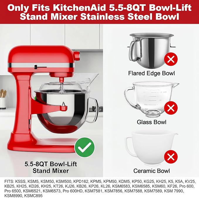 Pouring Shield for KitchenAid Mixer & Splash Guard Attachment - Fits all 5.5-8QT Bowl-Lift Stand Mixers Stainless Steel Bowls, Kitchen Aid Accessories and Attachments