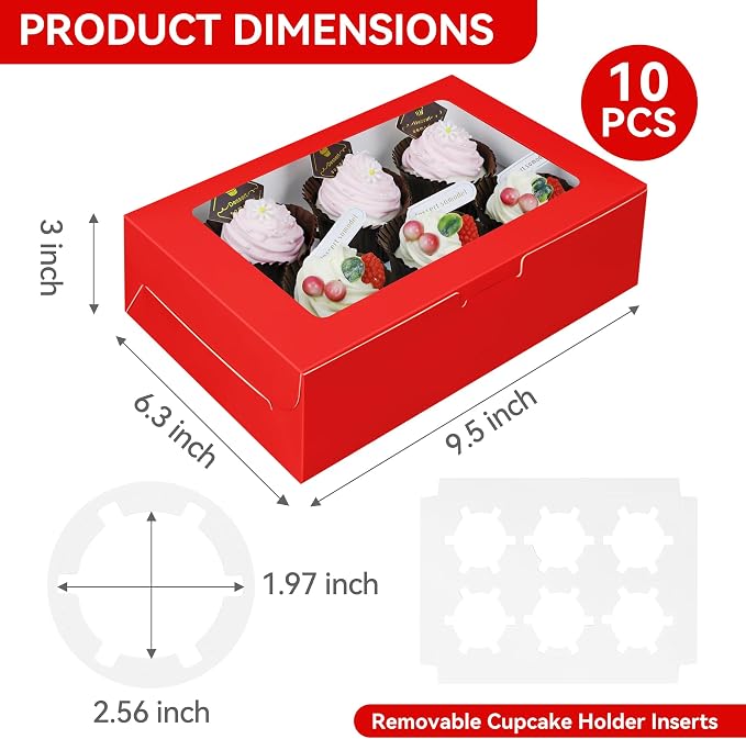 10-Set Cupcake Boxes Bulk with Clear Display Window Hold 6 Standard Cupcakes, Disposable Food Grade Red Cupcake Carrier Cupcake Container, Perfect for Cupcakes Muffins Cookies Pastries