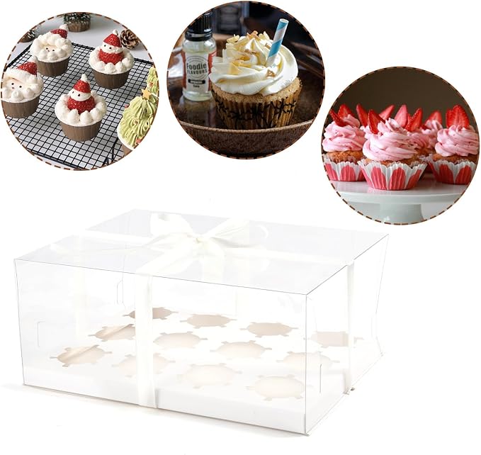6Pcs Clear Cupcake Boxes,12 Count Cupcake Containers with Gift Ribbon,Plastic Cupcake Carrier Holder for Dessert Cookies Muffins Pastry(White/clear, 12 Count/6ps)