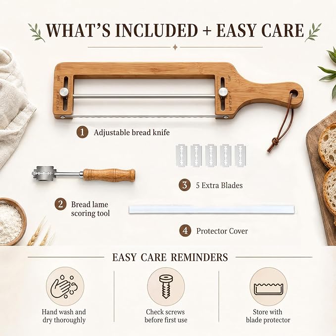 Bread Slicer-Adjustable Bread Knife with Bread Lame for Sourdough Bread | Bread Knife for Homemade Bread, Adjustable Bread Slicer, Bread Cutter with Slicing Guid,304 Stainless Steel Sharp Blades