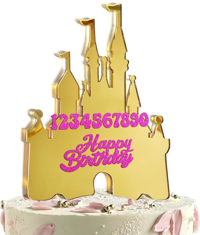Gold Castle Cake Topper with Numbers 0–9 – Princess Birthday Cake Decorations, Reusable Gold Acrylic Happy Birthday Cake Topper Set for Party Supplies (golden)
