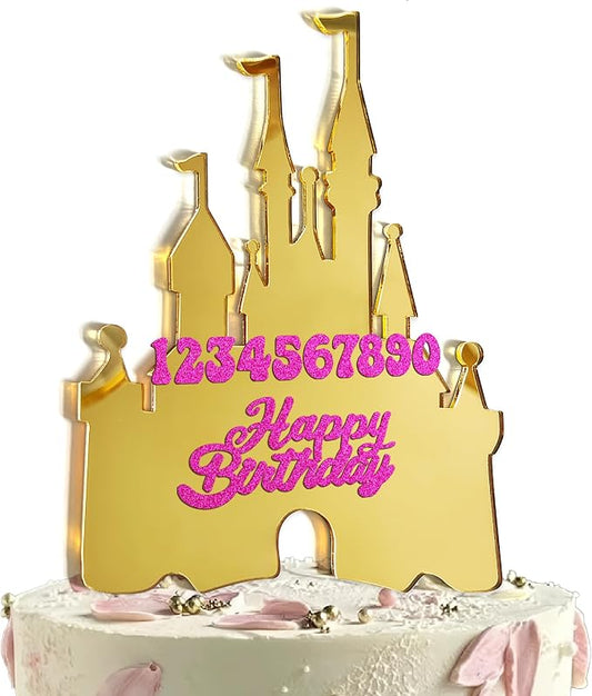 Gold Castle Cake Topper with Numbers 0–9 – Princess Birthday Cake Decorations, Reusable Gold Acrylic Happy Birthday Cake Topper Set for Party Supplies (golden)