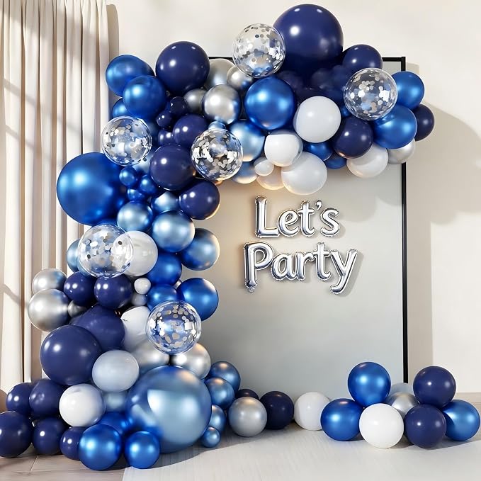 Blue White Silver Balloon Garland Arch Kit, 143 Pieces Navy Light Metallic Blue Silver White Confetti Balloons for Birthday Party Wedding Bridal Shower Graduation Decorations