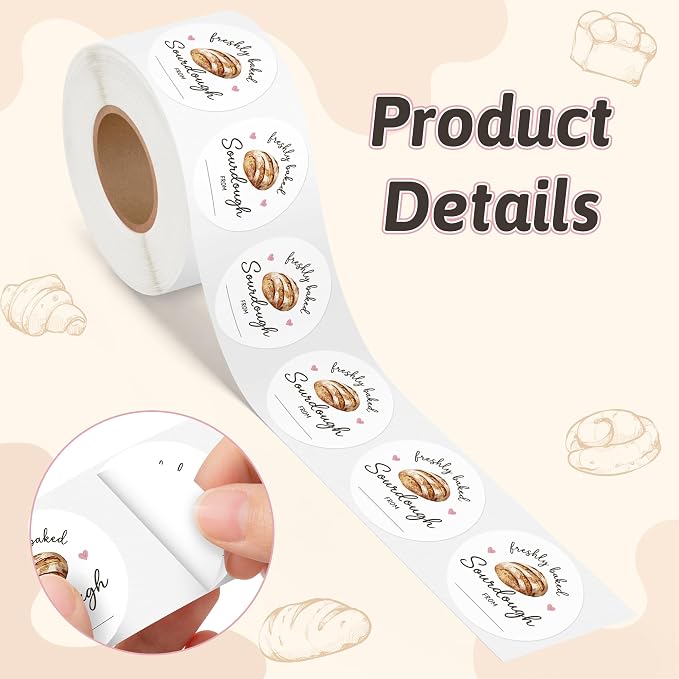 PANTIDE Freshly Baked Sourdough Labels Stickers - 500 Count Baked with Love Bakery Bread Adhesive Round Decal Roll, for Homemade Bread Bakery Small Business Sealing Food Packaging (2 x 2 Inch, White)