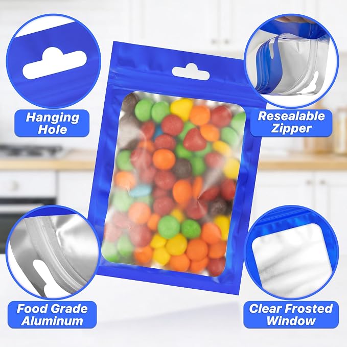 100 Pack Smell Proof Bags, Resealable Packaging Bags Mylar Bag with Frosted Clear Window, Sealed Pouches Foil Pouch Smell Proof Zipper Pouches for Food Storage (Blue, 4.13 x 5.91)