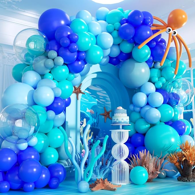 Under The Sea Balloon Arch Kit -156Pcs Blue Teal Dusty Blue Orange Long Balloon Garland Kit for Ocean Themed Under The Sea Baby Shower Ocean Animals Theme Birthday Party Decorations