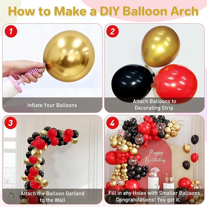Red Black Gold Balloons Garland Arch Kit, 167Pcs Latex Balloons Different Sizes 18 12 10 5 inch for Graduation Birthday Hollywood Movie Night Casino Theme Party Decorations