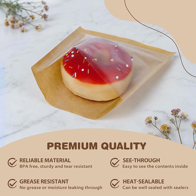 T-Raputa 100 Pack Cookie Bags,5.7x6.5 Inch Individual Heat Sealable Kraft Bakery Bags, Grease Resistant To Go Bakery Bags with Window for Brownie, Donut, Snack, Scone