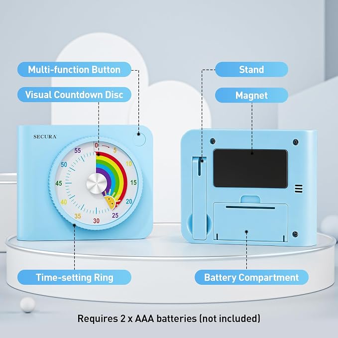 Secura Rainbow Visual Timer for Kids, 60-Minute Countdown Timer | ADHD Timer for Time Management, No Ticking for Focus, Mute & Beep Alert Modes, Pause function, Magnetic Backing, Stand (Blue)