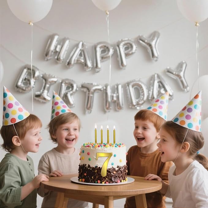 3.7IN Gold Acrylic Number 7 Cake Topper with 12 Gold Long Candles - Perfect for 7th Birthday Party Supplies, Ideal for Cake Decoration