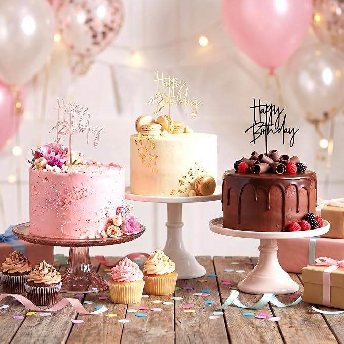 Ouligay 3 PCS Rose Black Gold Happy Birthday Cake Toppers Acrylic Cupcake Toppers Happy Birthday Cake Decorations Sign Cakes Supplies for Party Cupcake Pastries Dessert, Girls and Adults