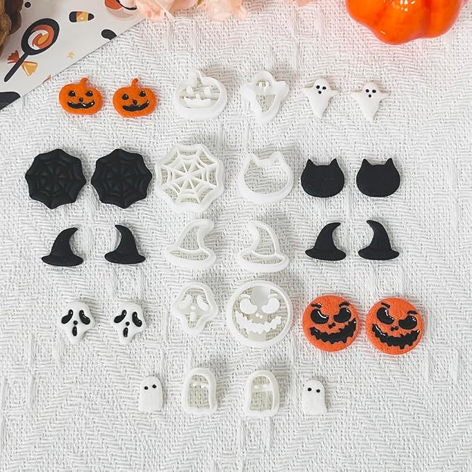 Xaekicr 10PCS Halloween Polymer Clay Cutters Set - Pumpkin Ghost Witch Hat Spider Web Shapes for DIY Earrings - Clay Cutters Clay Earring Cutters Clay Tools