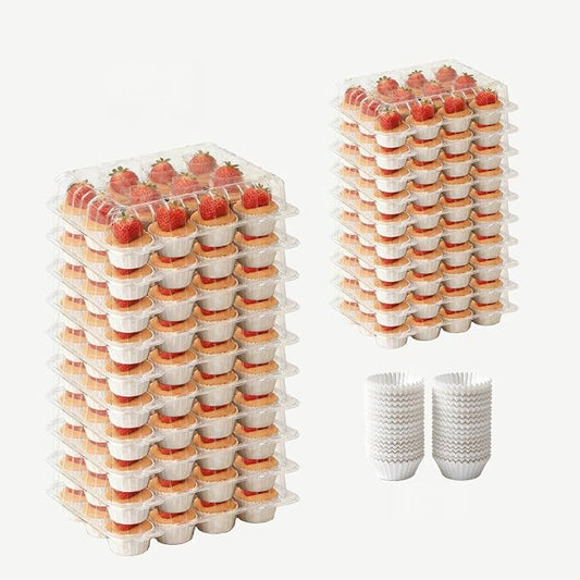 20 Pack Plastic Cupcake Containers,Disposable Cupcake Boxes 12 Count with 240 Cupcake Liners,Cupcake Holders with Tall Dome Lid,Cupcake Carriers Suit for for Baking, Parties, Wedding,Gifting