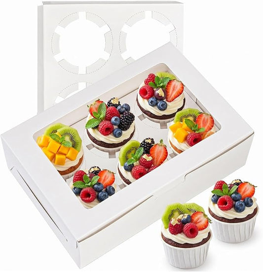 Jucoan 50 Pack White Paper Cupcake Box with Insert and Window Hold 6 Standard Cupcakes, Cupcake Carrier Container, Bakery Muffin Box for Pastry, Cookies, Birthday, Father's Day, Wedding Party