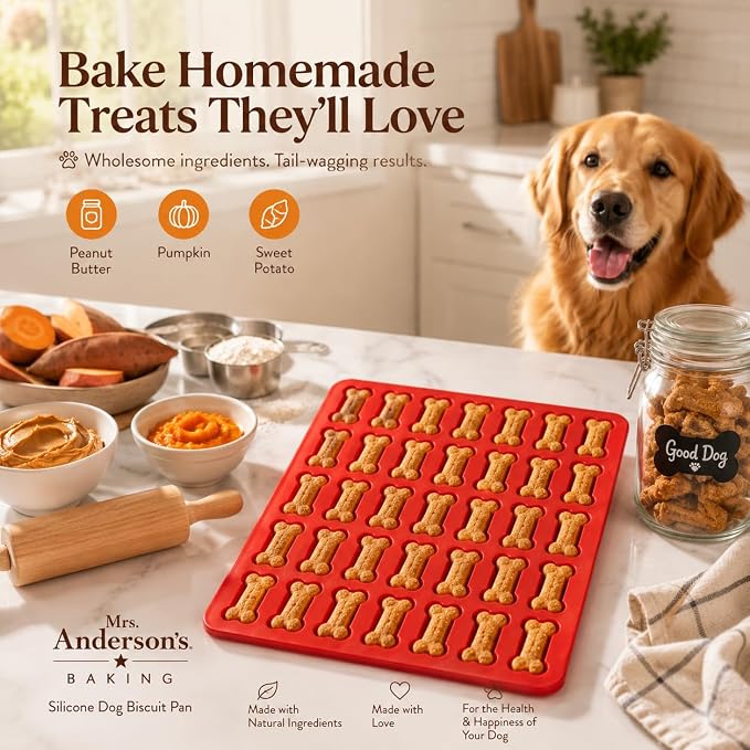 Mrs. Anderson's Baking Silicone Dog Biscuit Pan, 35 Cup, European-Grade Silicone Bakeware, For Bone-Shaped Dog Treats