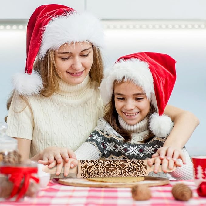 Embossed Wooden Rolling Pin for Baking,Evermarket Deep Engraved Embossing Rolling Pin with Christmas Snowflake Flower Design for Baking Embossed Cookies,Cute Kitchen Decor DIY Tool for Adults