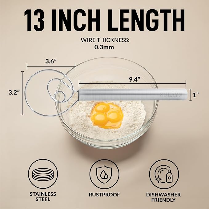Zulay Kitchen 13-Inch Danish Dough Whisk - Stainless Steel Danish Whisk for Cooking with Single Eye Dough Hook - Traditional Dutch Whisk - Bread Whisk for Sourdough, Pizza, Pastry, Batter - 2 Pack