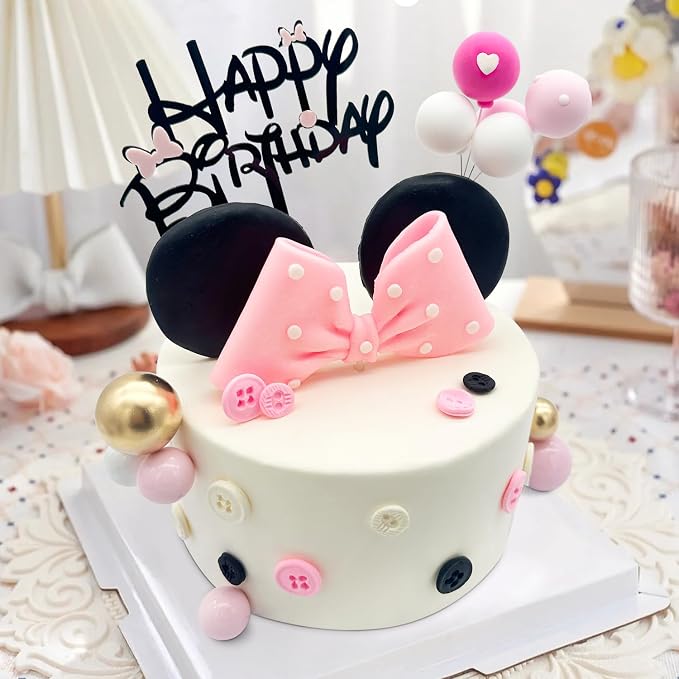 Tarocynn 20Pcs Mouse Birthday Cake Topper with Bows and Ears Happy Birthday Party Baby Shower Decorations Supplies