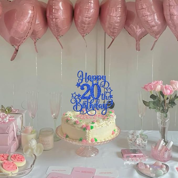 1 PCS Happy 20th Birthday Cake Topper Glitter Cheers to 20 Years Birthday Cake Pick Hello 20 Fabulous Cake Decoration for Happy 20th Birthday Anniversary Party Decorations Supplies Blue