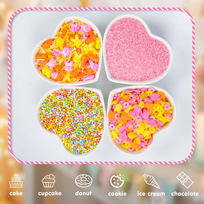Edible Sprinkles 4-Pack Set,Edible Orange Sprinkles for Cake Decorating,Pink Orange and Yellow,Confetti Jimmies and Pink Sanding Sugar,Petal Rabbit Confetti,Carrot Sprinkle,Nonpareils,Pastel Cake Decorations for Baking,Desserts,Cupcakes,Ice Cream,Cooki...