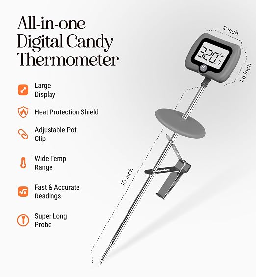 Digital Candy Thermometer with Pot Clip, 10" Long Stainless Steel Probe, Instant Read Kitchen Thermometer for Cooking, Baking, and Candy Making (Gray)