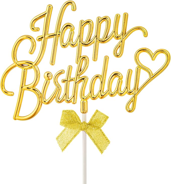 Gold Cursive Happy Birthday Cake Topper Plastic - 3D Double Sided Happy Birthday Sign for Cake with Bow, Idea for Cake Decoration (LIGHT GOLD)