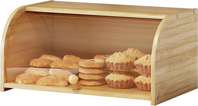 Roll Top Bread Container for Kitchen Countertop, Bamboo Bread Box with Clear Lid, Bread Container Storage（Bamboo without cutting board）