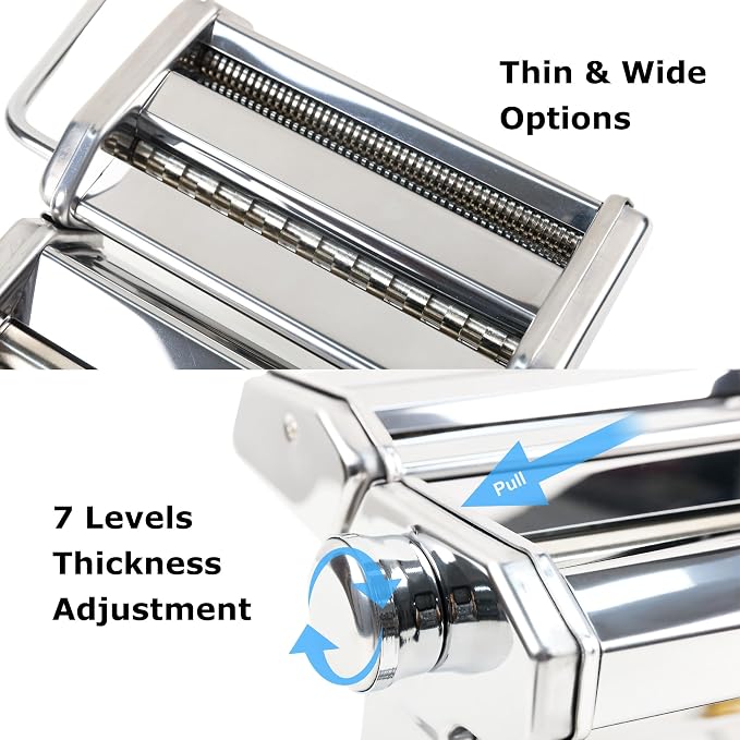 Pasta Maker Machine With 7 Adjustable Thickness Settings, Stainless Steel Manual Noodle Maker,Pasta Roller& Cutters With Removable Handle and Clamp For Kitchen (G-1380+Brush + Sponge)