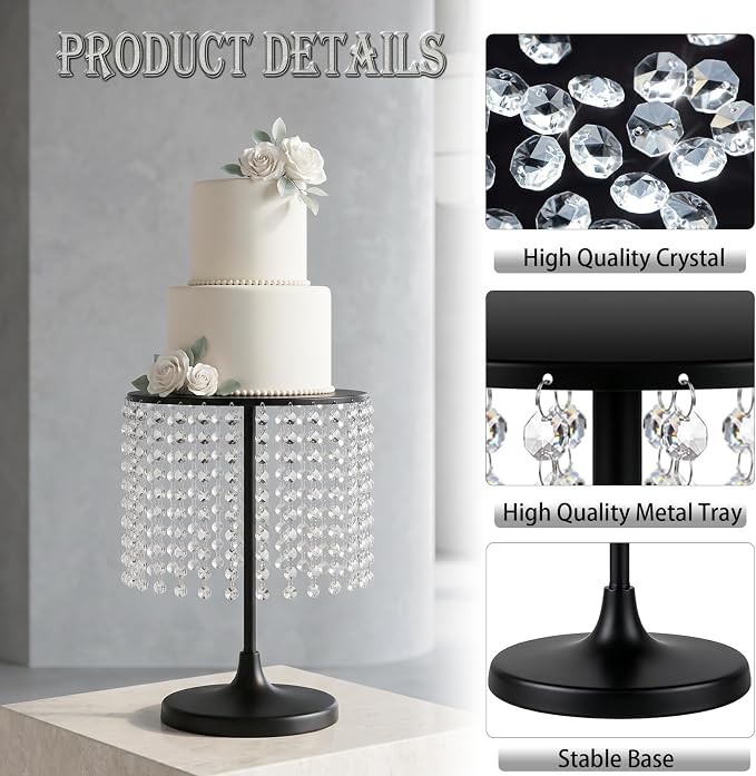 Metal Cake Stand Set with Crystal Pendants - Elegant Dessert Table Display for Weddings, Birthday Parties, Baby Showers, Events - Sturdy Crystal Bling Cupcake Stands for Pastries, Sweets, Decorations (Black, Set of 3)