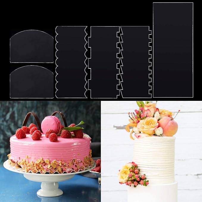 Patelai 6 Pieces Clear Acrylic Cake Scraper Smoother Set Large Cakes Smoother Scraper Cake Stripes Edge Contour Comb for DIY Icing Frosting Buttercream Cream Decorating Mousse Kitchen Baking Tool