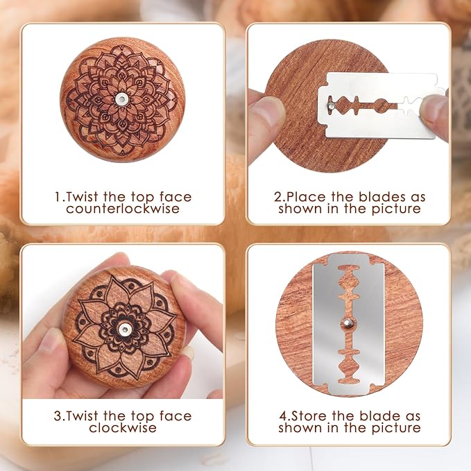 14 PCs Wooden Bread Lame Cutting Set, Scoring Tool for Sourdough Bread, Including 2 Sourdough Blade, 2 Leather Protective Covers, 10 Blades